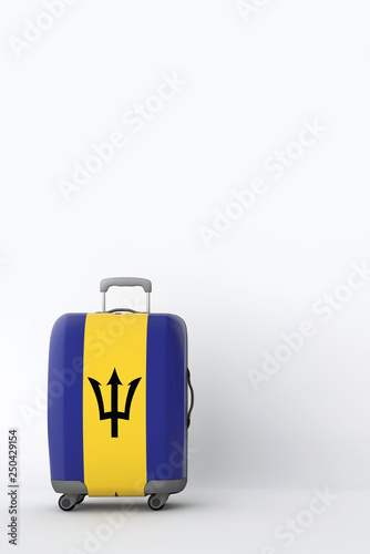 Travel suitcase with the flag of Barbados. Holiday destination. 3D Render