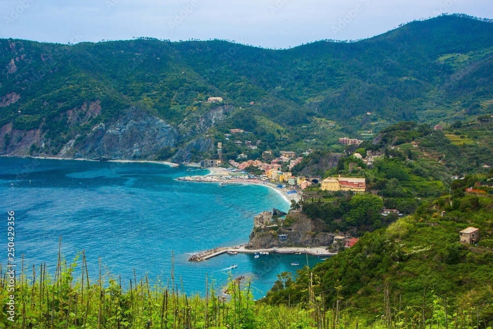 Beautiful small town of Monterosso in the Cinque Terre national Park. Italian colorful landscapes. View from the mountain Hiking trekking route.