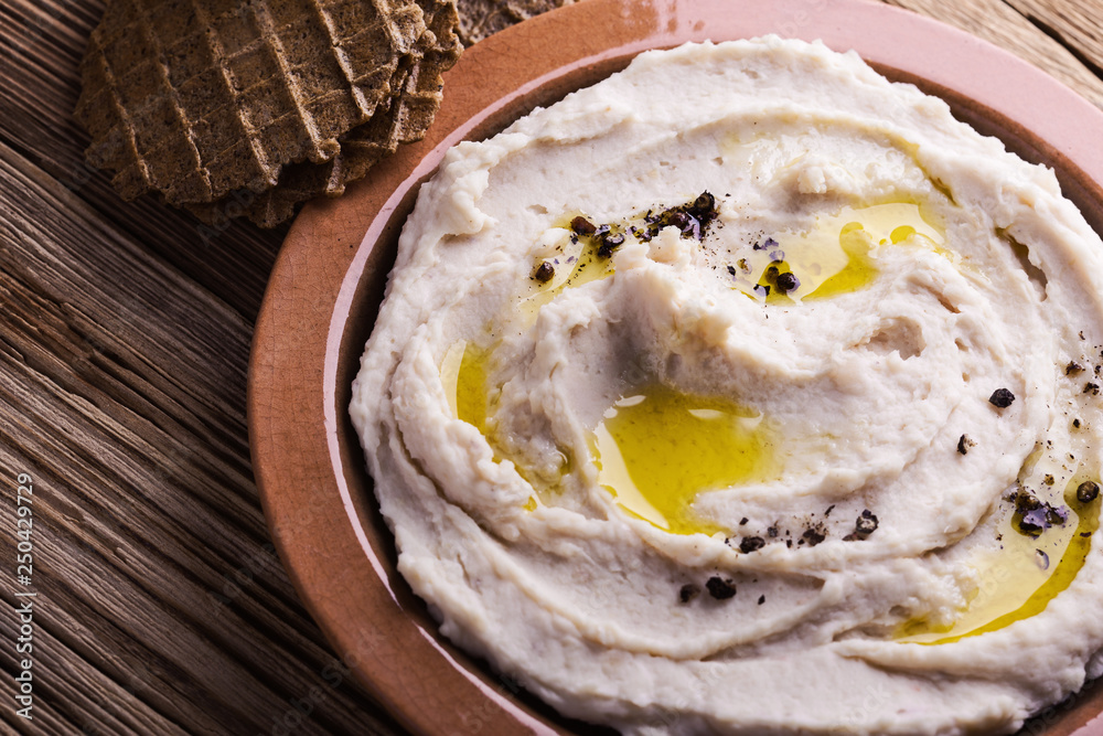 White beans hummus with rye waffles, healthy snack dip White beans hummus with rye waffles, healthy snack dip