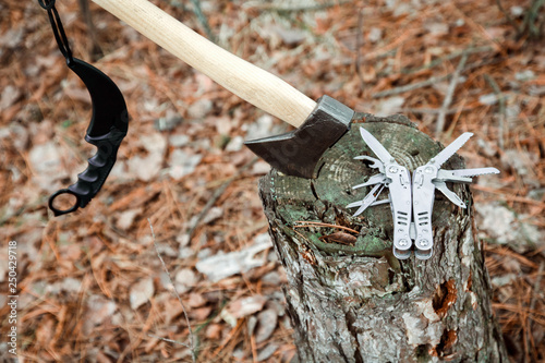 axe, multitool knife and karambit on the stump, in the autumn forest photo