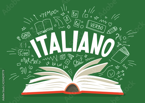 Italiano. Open book with language hand drawn doodles.  photo