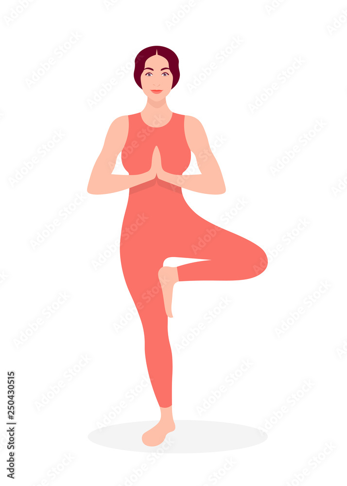 A woman is standing in a yoga pose on a white background. Exercise for  health. Vector flat illustration Stock Vector