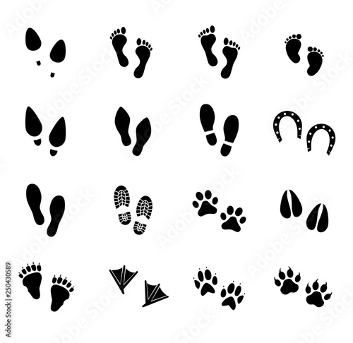 Footprint vector icon set. Footprints of human and animals. 