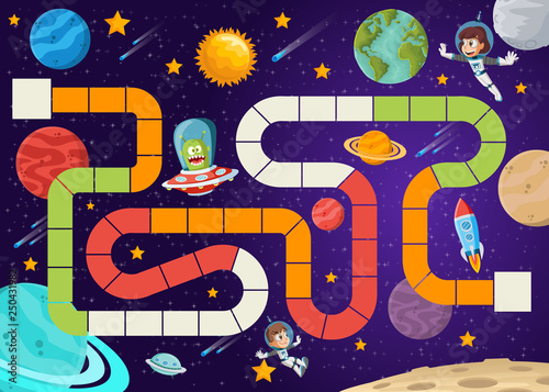 Board game with astronaut cartoon children and alien flying in the space. 