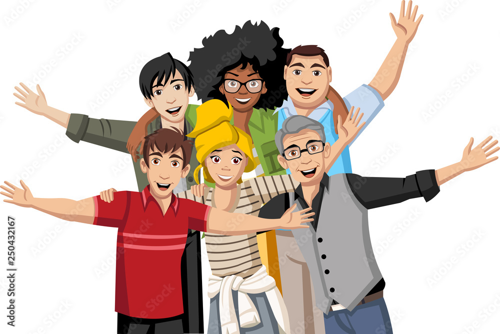 Group of happy cartoon young people. Happy friends. Stock Vector | Adobe Stock Group of happy cartoon young people. Happy friends. Stock Vector | Adobe Stock