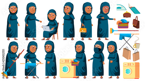 Arab, Muslim Old Woman Poses Set Vector. Elderly People. Senior Person. Aged. Positive Pensioner. Web, Brochure, Poster Design. Isolated Cartoon Illustration