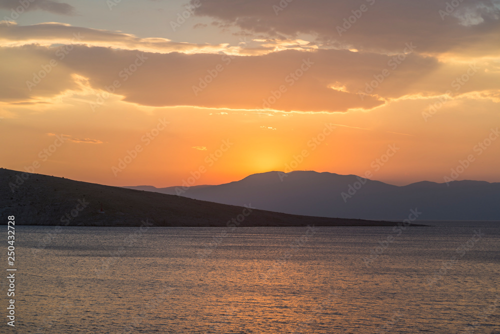 Sunset at Kvarner Gulf, known also as Kvarner Bay, a bay in the northern Adriatic Sea, Croatia