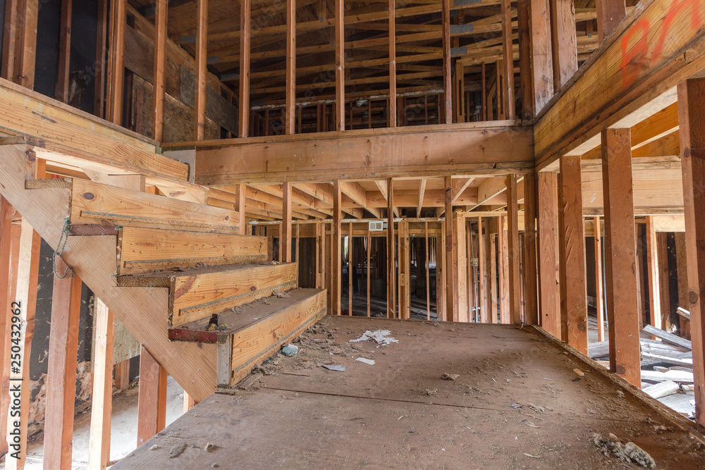Interior of a house under construction with wood framing
