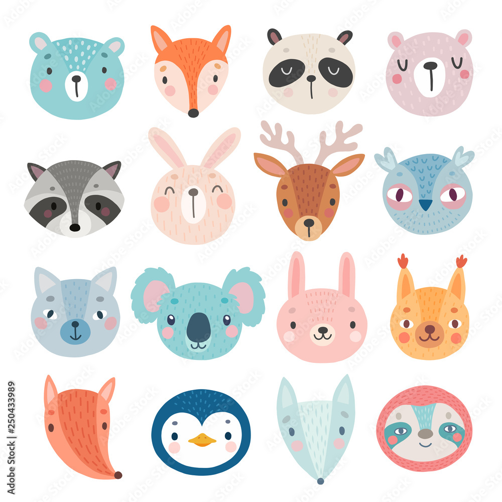 Cute Woodland characters, bear, fox, raccoon, rabbit, squirrel, deer, owl and others.