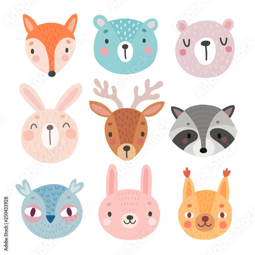 Cute Woodland characters, bear, fox, raccoon, rabbit, squirrel, deer, owl.