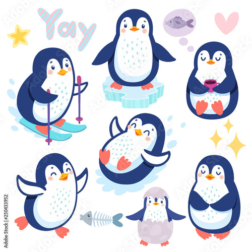 Cute penguins skiing, having fun, drinking tea. Funny characters.
