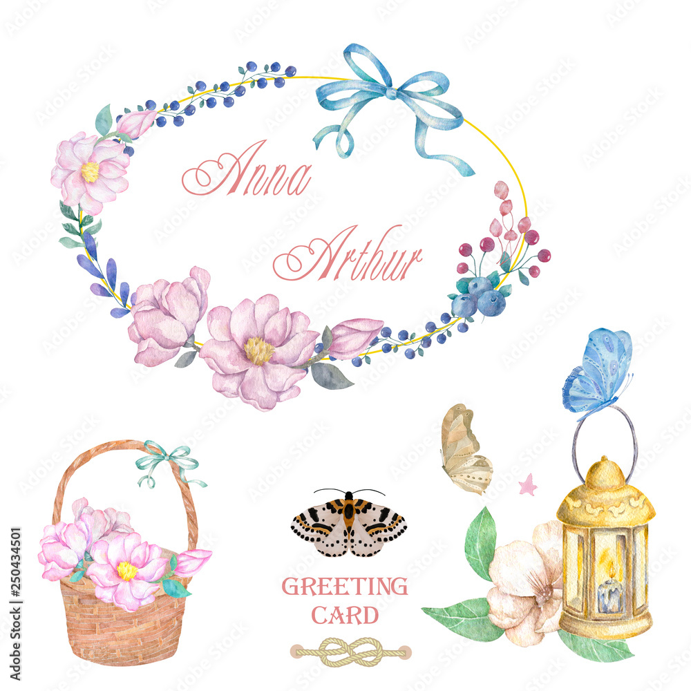 Floral frame with pink roses and decorative leaves. Watercolor Invitation design. Background to save the date. Greeting card with pink flowers in basket, lamp lighting. Gold polygonal frame.