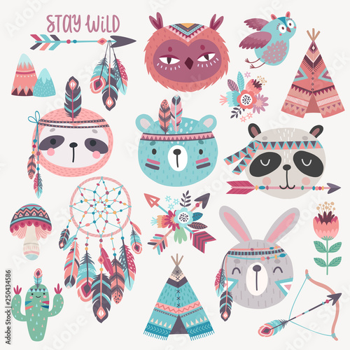 Cute Woodland boho tribal characters, rabbit, owl, sloth, panda,bear.