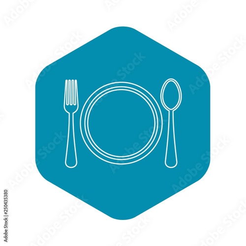 Plate, spoon and fork icon. Outline illustration of plate, spoon and fork vector icon for web