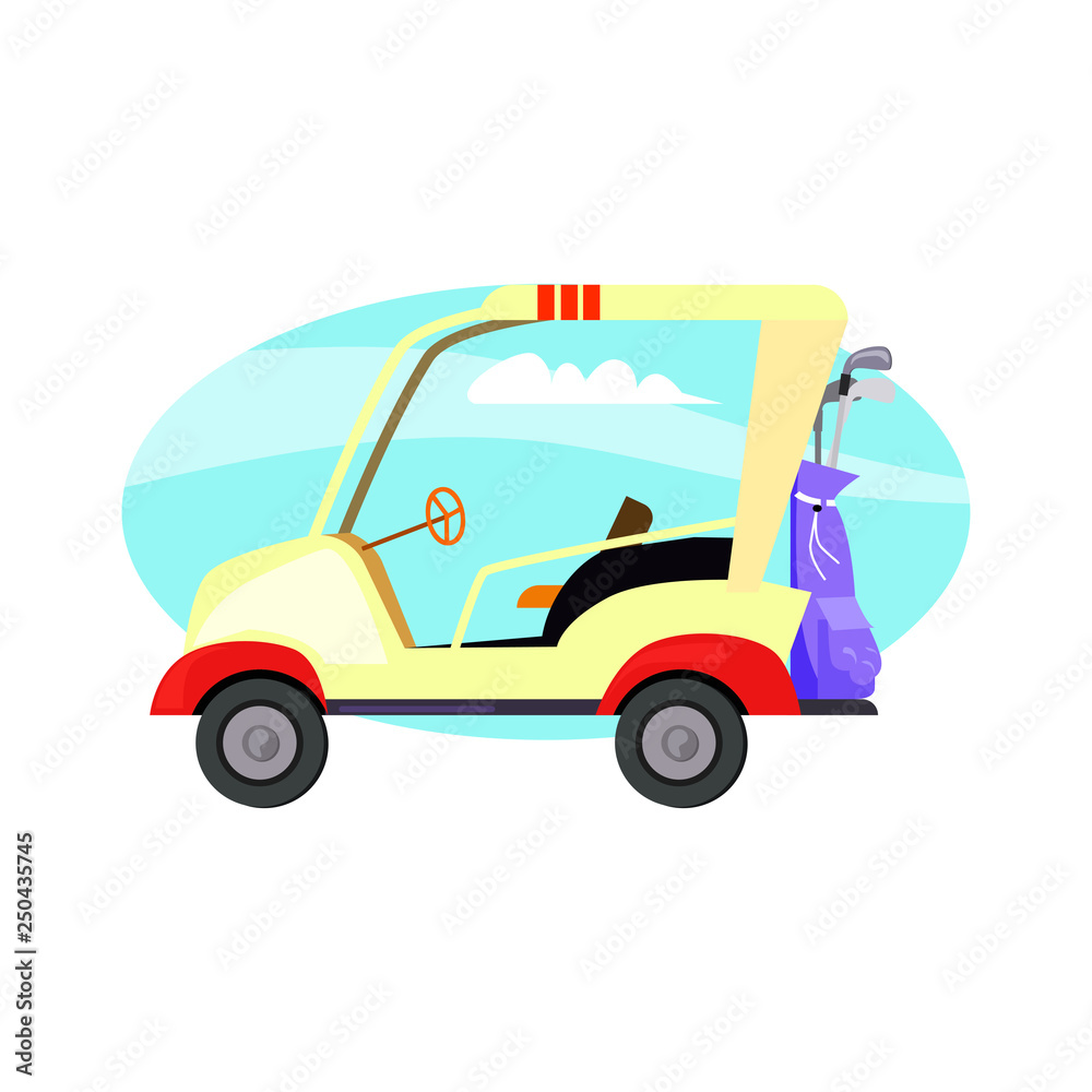 Golf car with clubs against blue sky vector. Golf course, electric vehicle, game. Golf concept. Vector illustration can be used for topics like sport, hobby, vacation