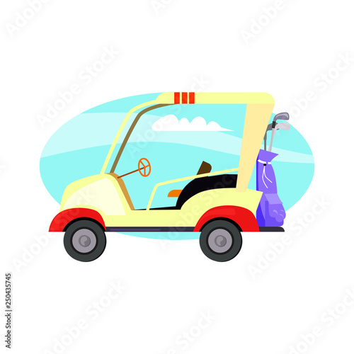 Golf car with clubs against blue sky vector. Golf course, electric vehicle, game. Golf concept. Vector illustration can be used for topics like sport, hobby, vacation