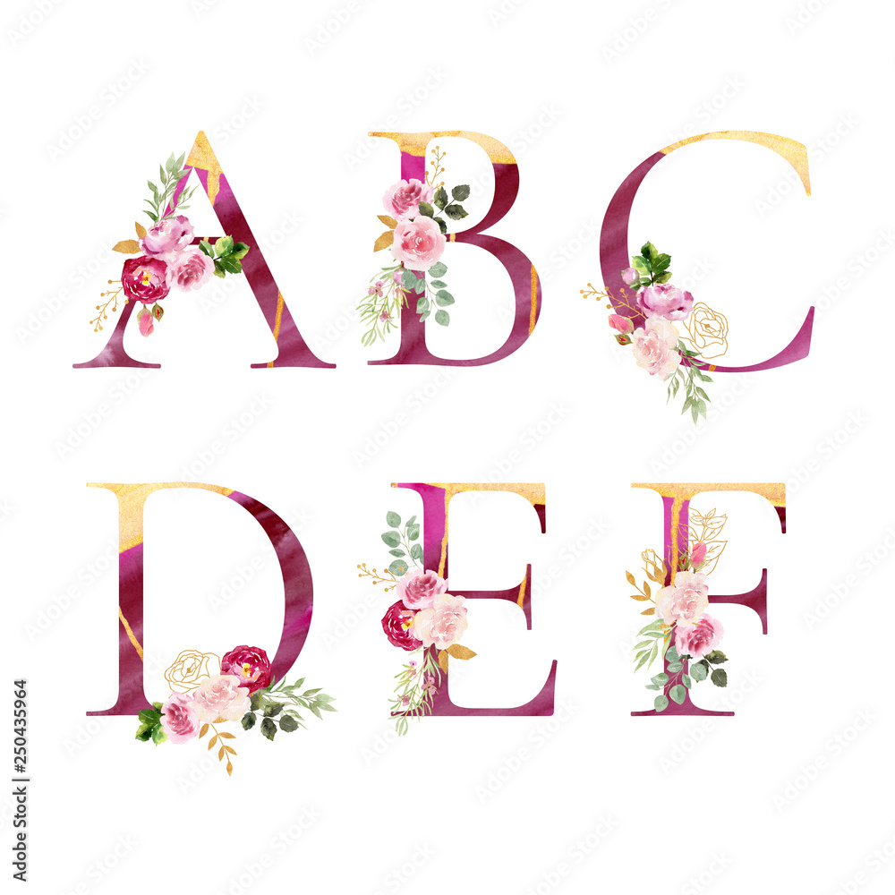 Obraz Set of decorated watercolor letters a b c d e f