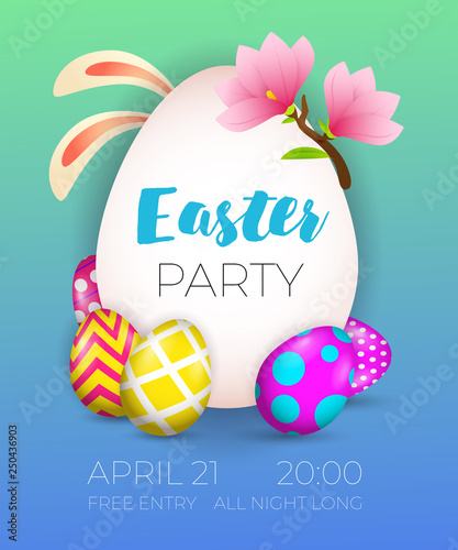 Easter Party, April twenty first lettering, eggs, bunny ears and flowers. Easter party invitation. Handwritten and typed text, calligraphy. For posters, invitations, banners, leaflets and brochures. © PCH.Vector