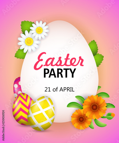 Easter Party, twenty first of April lettering with eggs and flowers. Easter party invitation. Handwritten and typed text, calligraphy. For posters, invitations, banners, leaflets and brochures. © PCH.Vector