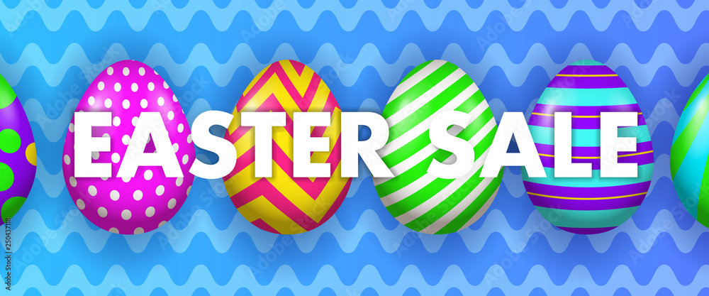 Fototapeta premium Easter Sale lettering with beautiful painted eggs. Easter sale advertising design. Typed text, calligraphy. For posters, invitations, banners, leaflets and brochures.