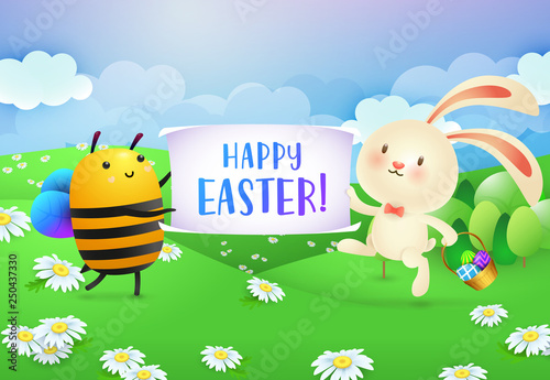 Happy Easter lettering on banner held by bee and rabbit. Easter greeting card. Typed text  calligraphy. For greeting cards  posters  invitations  banners  leaflets and brochures.