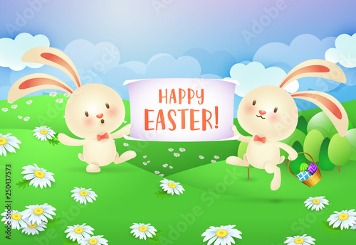 Happy Easter lettering on banner held by two cheerful bunnies. Easter greeting card. Typed text  calligraphy. For greeting cards  posters  invitations  banners  leaflets and brochures.