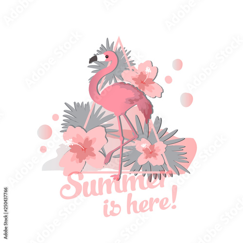 Tropical birds set of flamingo. Exotic rose bird illustrations  jungle tree  trendy art. For print or cover