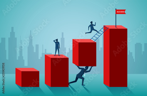 Business teamwork. Businessman competiton on the red bar graph for maximum success. advantage. harmonious. leadership. creative idea. illustration cartoon vector