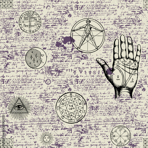 Vector seamless background on the theme of mysticism, magic, religion and the occultism with various esoteric and masonic symbols. Medieval manuscript with sketches, blots and spots in retro style