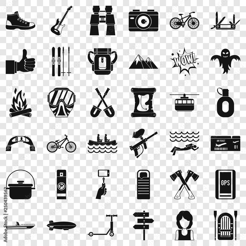 Obraz premium Adventure icons set. Simple style of 36 adventure vector icons for web for any design