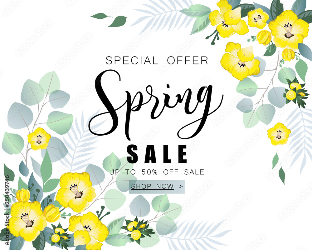 Spring sale banner with wild flowers and eucalyptus.
