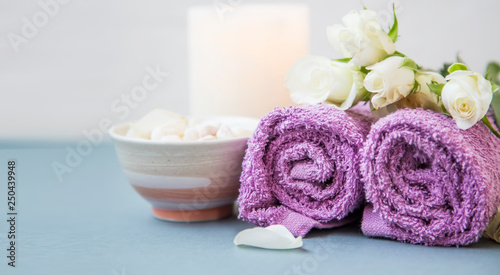 Spa still life with bath salt, towels and flowers, spa and wellness still life