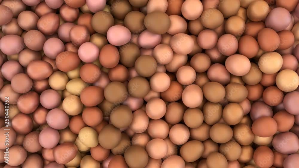 Animated top view and flying over pile of a lot of regular and white eggs lying in large container or as if moving on conveyor belt. Animated top view and flying over pile of a lot of regular and white eggs lying in large container or as if moving on conveyor belt.