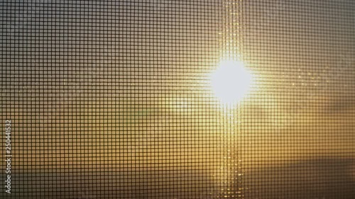 The sun behind the mosquito net closeup