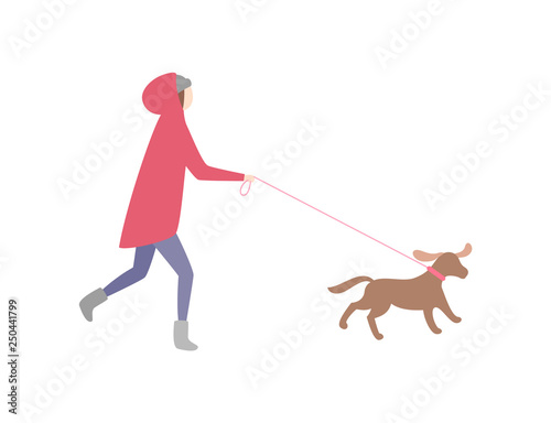 Woman running with dog on leash pet and owner vector. Jogging lady wearing warm clothes, winter season cold. Female walking canine doggy with collar