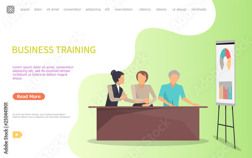 Business training of workers, whiteboard and charts vector. Infographics with explanation on board, company seminar conference of people learning. Website or webpage template landing page in flat