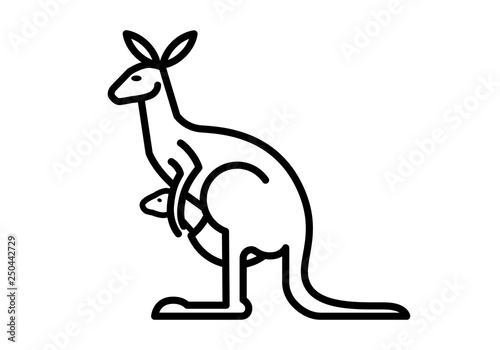 Black graphic flat symbol of Australian abstract wild animal kangaroo, mother and baby, linear silhouette, for icon, logo, print, packaging, design. Vector illustration isolated on background.