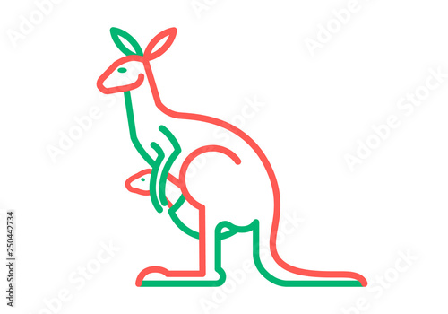 Color graphic flat symbol of Australian abstract wild animal kangaroo, mother and baby, linear silhouette, for icon, logo, print, packaging, design. Vector illustration isolated on background.