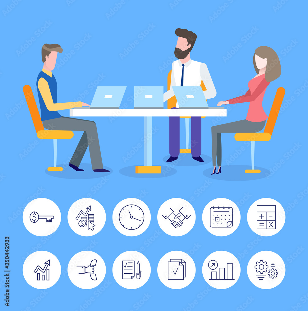 People discussing business project vector. Isolated icons of key, infographic with arrow and handshake deal and agreement signs, conference of partners