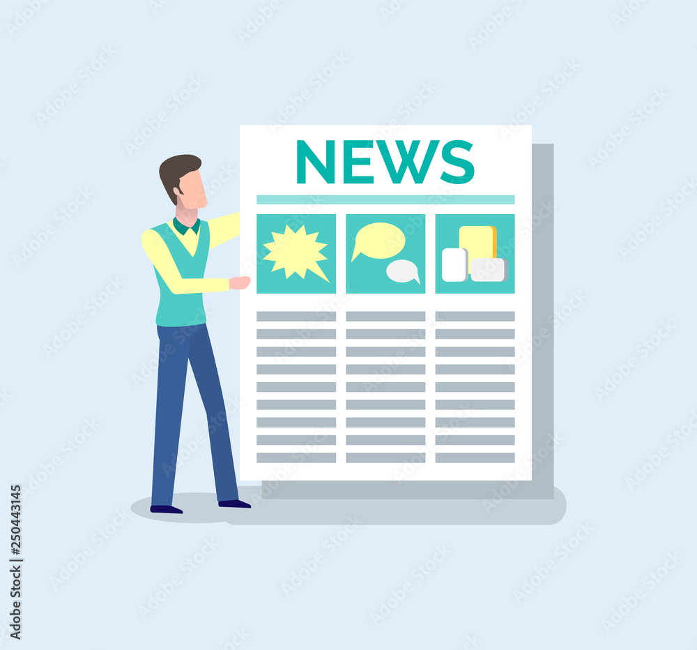 Man holding newspaper, side view of person with magazine, empty paper blank isolated on blue. Symbol of daily information, reading journal vector