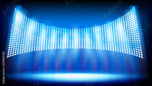 Illuminated stage on the stadium. Large projection screen. Vector illustration.