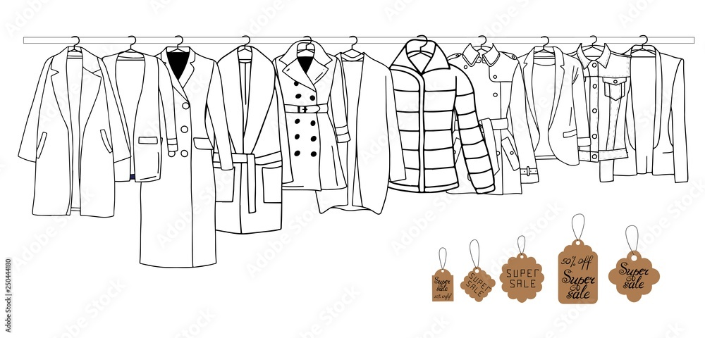 Vector illustration of clothes on a hanger with tags