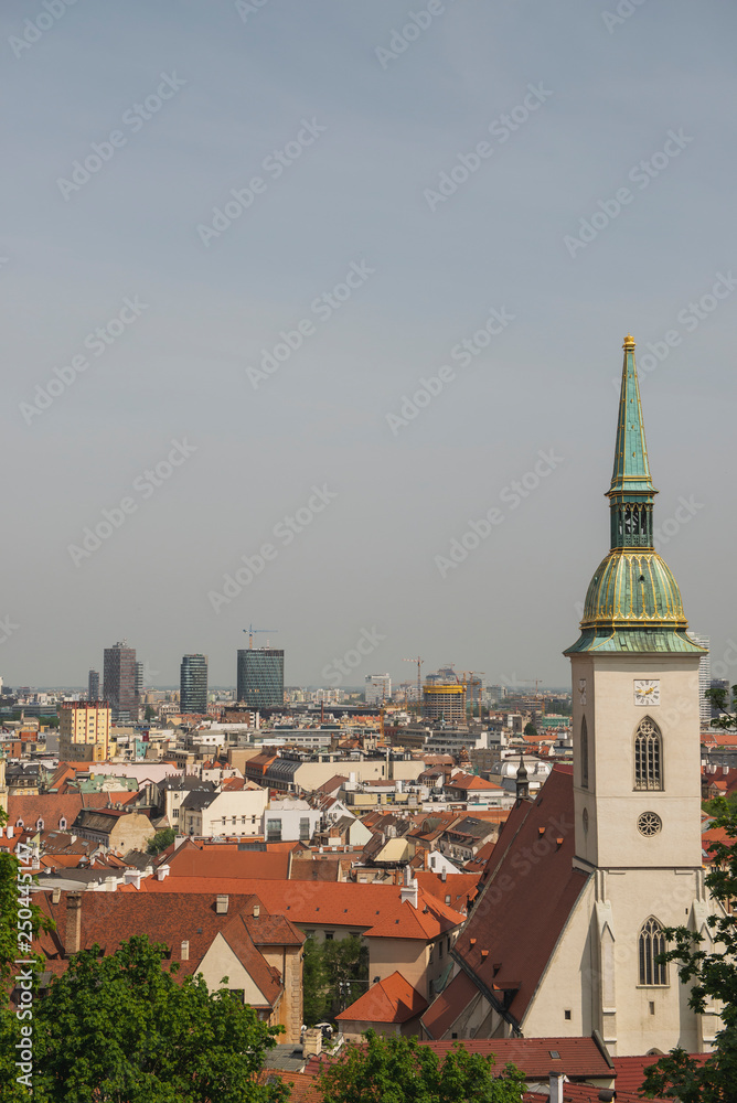 Beautiful panorama of Bratislava Downtown.View of day town.Cityscape at twilight.Traveling concept background.The landscape of the old historical city.Architecture,buildings Slovakia,Europe