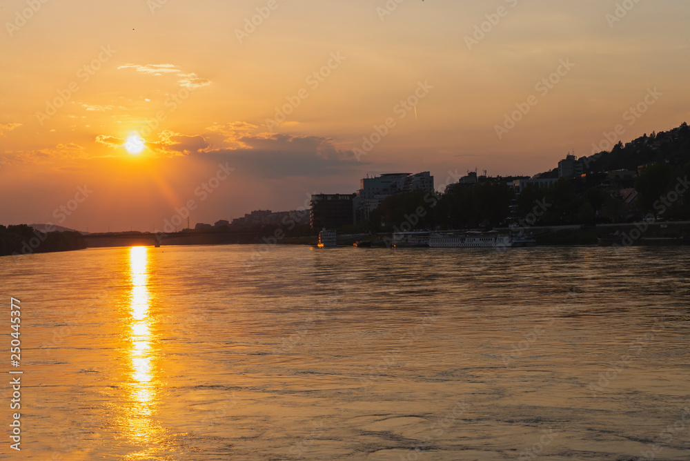 Beautiful panorama of  Bratislava Downtown.View of river during the sunset.Cityscape at twilight.Traveling concept background.The landscape of the old historical city.Slovakia, Europe