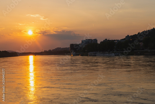 Beautiful panorama of Bratislava Downtown.View of river during the sunset.Cityscape at twilight.Traveling concept background.The landscape of the old historical city.Slovakia, Europe