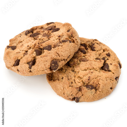 Two Chocolate chip cookies isolated on white background. Sweet biscuits. Homemade pastry.