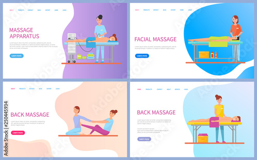 Woman making back and facial massage for client lying on table with towel, procedure by apparatus for girl. Healthcare therapy and spa, web page vector. Website template landing page in flat