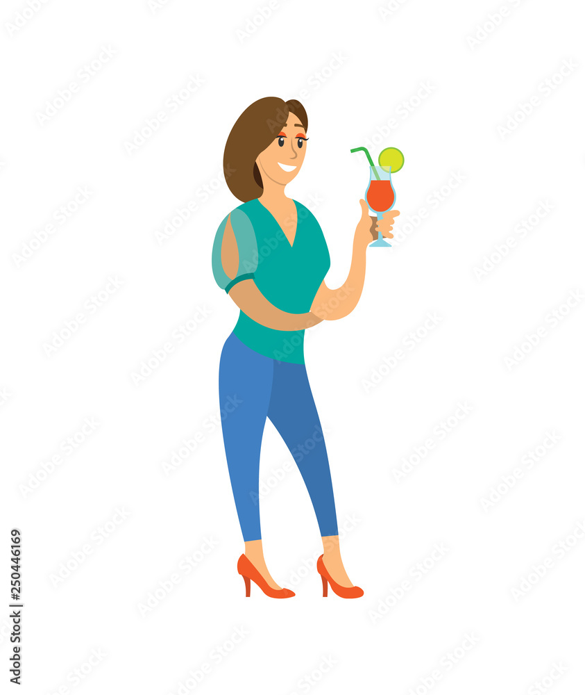 Woman holding cocktail in colorful clothes, smiling and standing with drink. Girl character disco entertainment, fashion person joying in nightclub vector Woman holding cocktail in colorful clothes, smiling and standing with drink. Girl character disco entertainment, fashion person joying in nightclub vector