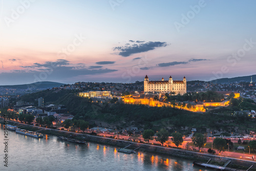 Beautiful panorama of Bratislava Downtown.View of town during the sunset.Cityscape at twilight.Traveling concept background.The landscape of the old city.Architecture, buildings Slovakia Europe