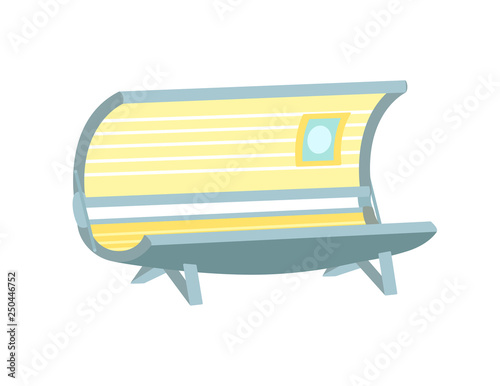 Empty solarium equipment for beauty salon cartoon icon isolated vector emblem. Vertical open apparatus with ultraviolet lamps for tanning procedure